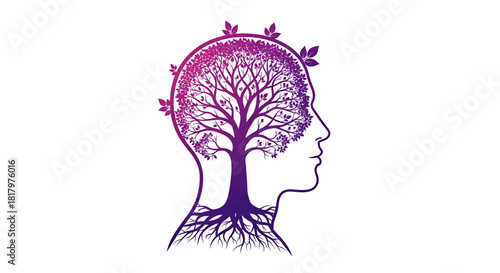Symbolic human head silhouette blooming with a vibrant tree of knowledge, representing growth and wisdom