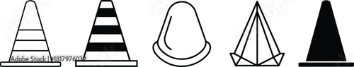 Variety of minimalist traffic cone icons and abstract conical shapes for warning, construction, safety, and directional purposes, isolated on white. Vector