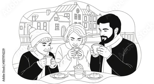 Black and white line art of a happy family enjoying hot drinks together.