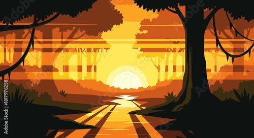 This breathtaking vector illustration captures the serene beauty of a jungle river winding through dense foliage during a magnificent golden sunset, evoking peace.