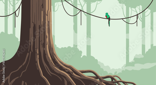A serene flat design illustration depicts a towering tree with extensive roots in a lush jungle, where a vibrant tropical bird perches on a vine.
