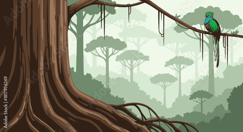 A magnificent quetzal bird with brilliant green plumage perches on a branch, overlooking the serene, misty depths of a dense tropical rainforest.