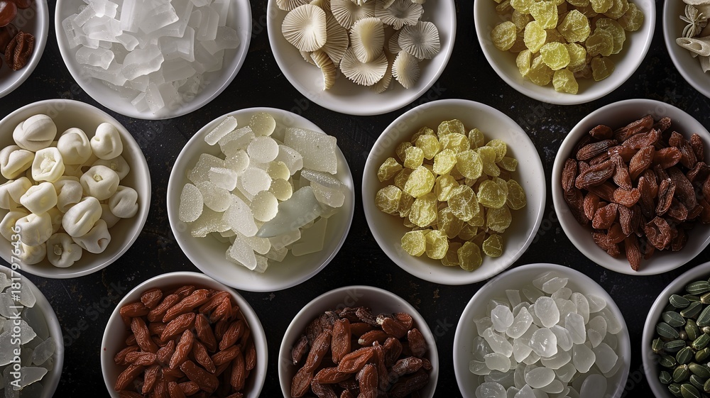 Obraz premium Assorted dried fruits and candies arranged in white bowls on a dark surface