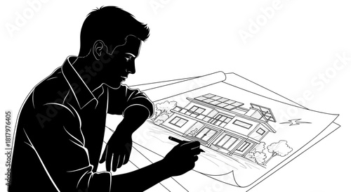 Dedicated architect meticulously designing a modern eco friendly house with solar panels, envisioning future living