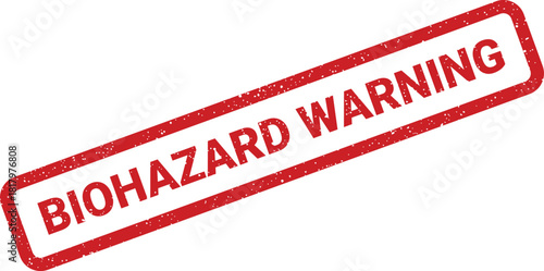 Textured red biohazard warning stamp with a distinct rectangular shape and gritty ink effect