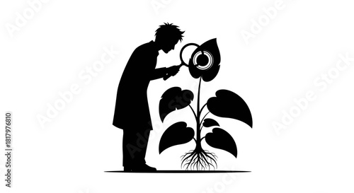 Scientist meticulously examines thriving plant with magnifying glass revealing intricate root system for groundbreaking biological research discovery