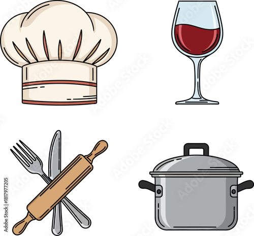 Delightful culinary themed illustration with chef's hat, wine glass, rolling pin and cooking pot for restaurant menus and food blogs, a delicious design element