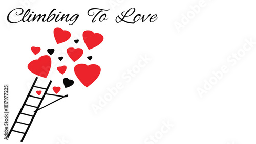 A ladder ascends towards a cascade of red and black hearts symbolizing the journey and aspiration to find love