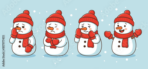 Cute Snowman Characters in Winter – Cartoon Vector Set with Happy, Sad, and Cold Expressions