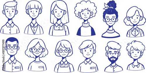 Vector art of diverse group of handdrawn cartoon character portraits isolated on