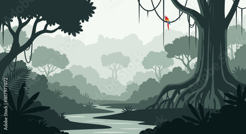 Immerse yourself in a serene, illustrated jungle landscape, featuring a winding river, dense misty foliage, towering trees with vines, and a vibrant red bird.