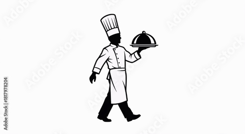 Chef silhouette serving food on a platter, culinary professional delivering meal on tray