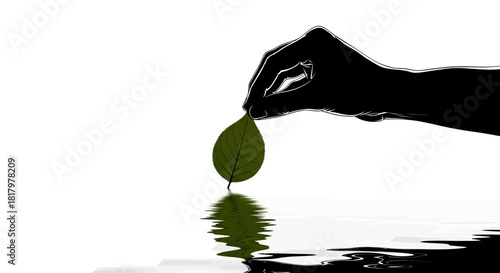 Careful hand gently places vibrant green leaf onto shimmering water surface, symbolizing environmental care, growth, and natural beauty
