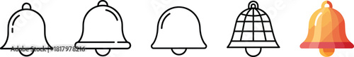 Notification bell icons set featuring various outline styles and a vibrant colored alert symbol for modern digital interfaces and mobile applications Vector