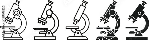 Microscope icon set vector illustration featuring various styles, including outline and solid glyph designs, representing scientific research, laboratory tools, and education Vector