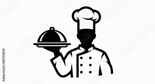Black and White Illustration of Chef Holding a Platter, Creating Culinary Masterpieces