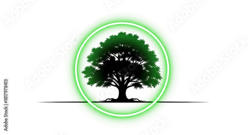 Vibrant, silhouetted ancient tree with glowing green aura and exposed roots symbolizes growth, life, and nature's power within a clean, modern design.