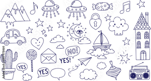 Vector art of hand drawn doodle set with various elements isolated on