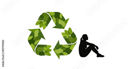 Thoughtful silhouette woman contemplates eco friendly recycling symbol filled with vibrant green leaves, symbolizing environmental consciousness and sustainable living concepts.