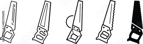 Hand saw tool icons vector set: collection of various woodworking and construction saws in outline and solid styles for diy, repair, and industry projects Vector