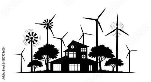 Sustainable home powered by wind turbines amidst lush trees creates a vision of clean energy future and eco-friendly living