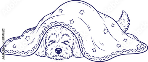 Vector art of cute sleeping dog under a star blanket, isolated on