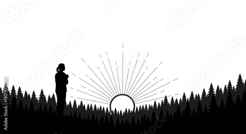 Lone silhouette contemplates a radiant sunrise over a dark forest, symbolizing hope, new beginnings, and the beauty of nature's dawn