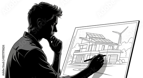 Architect meticulously designs eco-friendly modern home with solar panels and wind turbine, envisioning sustainable future living