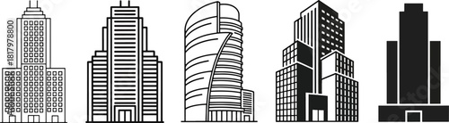 Collection of diverse modern and classic skyscraper building icons representing urban architecture and city skylines, ideal for design projects and development. Vector