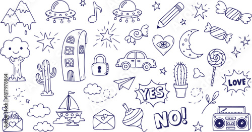 Vector art of handdrawn doodle icons and objects, isolated on