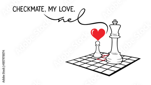 Romantic checkmate with a red heart above the pawn and romantic text checkmate my love on white background