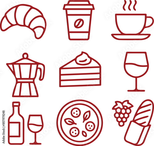 Classic Italian Café Elements – Coffee Machine, Tiramisu, Gelato & Bakery Icons