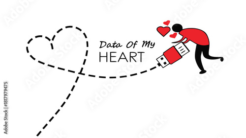 Person connecting a usb drive to a dashed heart shape symbolizing data of the heart and love
