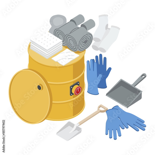 Spill Kit with Absorbent Materials and Safety Gear Illustration.