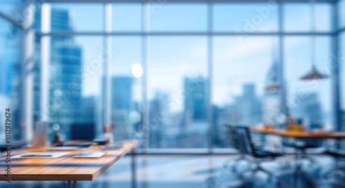 Wallpaper Mural Blurred office room with cityscape view. Modern corporate workspace for business and finance. Abstract background for presentation. High quality Torontodigital.ca