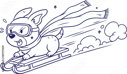 Vector art of cute cartoon dog sledding down a snowy hill with goggles and scarf