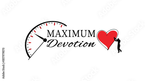 Conceptual logo symbolizing maximum devotion with a gauge pointing to full and a silhouette holding a vibrant red heart