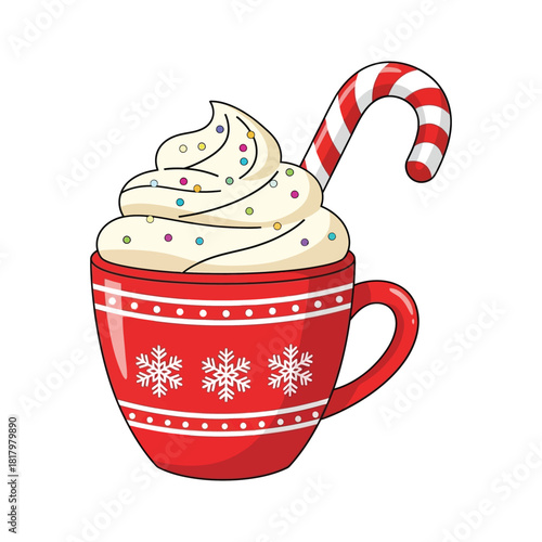 A festive and delightful holiday christmas beverage in a charming mug adorned with a candy cane 