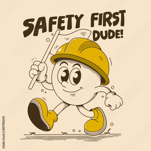 Cheerful Safety Helmet Character Marching with Confidence