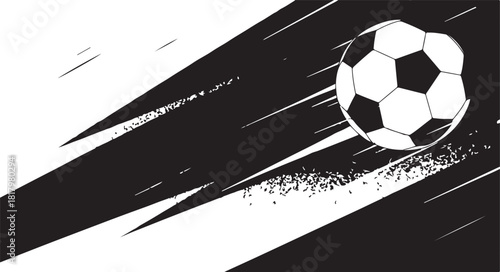 Vector soccer ball in motion with dynamic speed streaks on a dark background for sports events