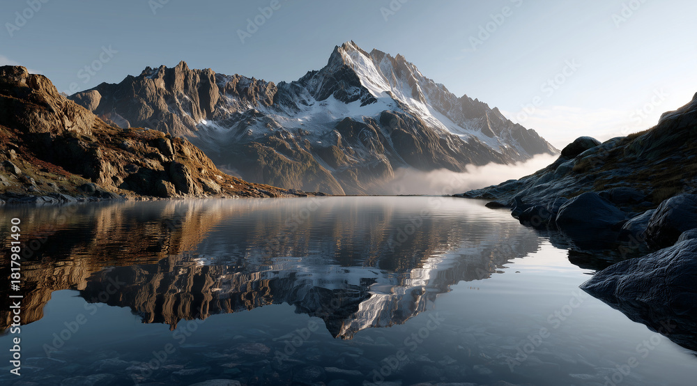 Obraz premium beautiful alpine landscape, snow-capped peaks, alpine lake reflecting mountains, sea of clouds, sunrise alpenglow