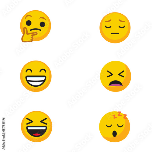 Collection of six different expressive yellow emoji faces on white background
