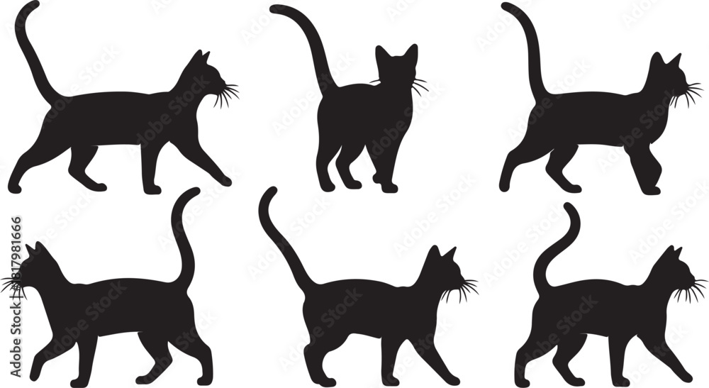 Fototapeta premium Set of black cat silhouettes in various poses, walking, sitting, stretching, and jumping, isolated vector illustrations on white background.