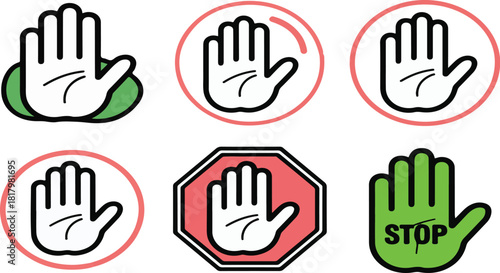Set of six stop hand gesture vector icons for warning prohibition and caution symbols