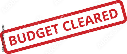 A vibrant red grunge rubber stamp impression signals a budget cleared status for financial approvals