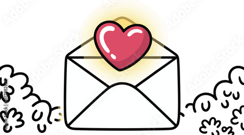 Hand drawn vector illustration of a glowing red heart emerging from an open white envelope