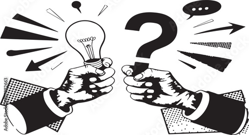 Hands holding a glowing light bulb and a question mark vector isolated on black background for problem solving concept