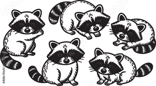 Five raccoons vector silhouettes in various playful poses, ideal for wildlife and nature-themed projects.