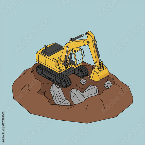 Yellow excavator digging in a pile of dirt and rocks.