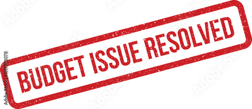 Distressed rectangular stamp indicating a financial budget issue has been successfully resolved and closed